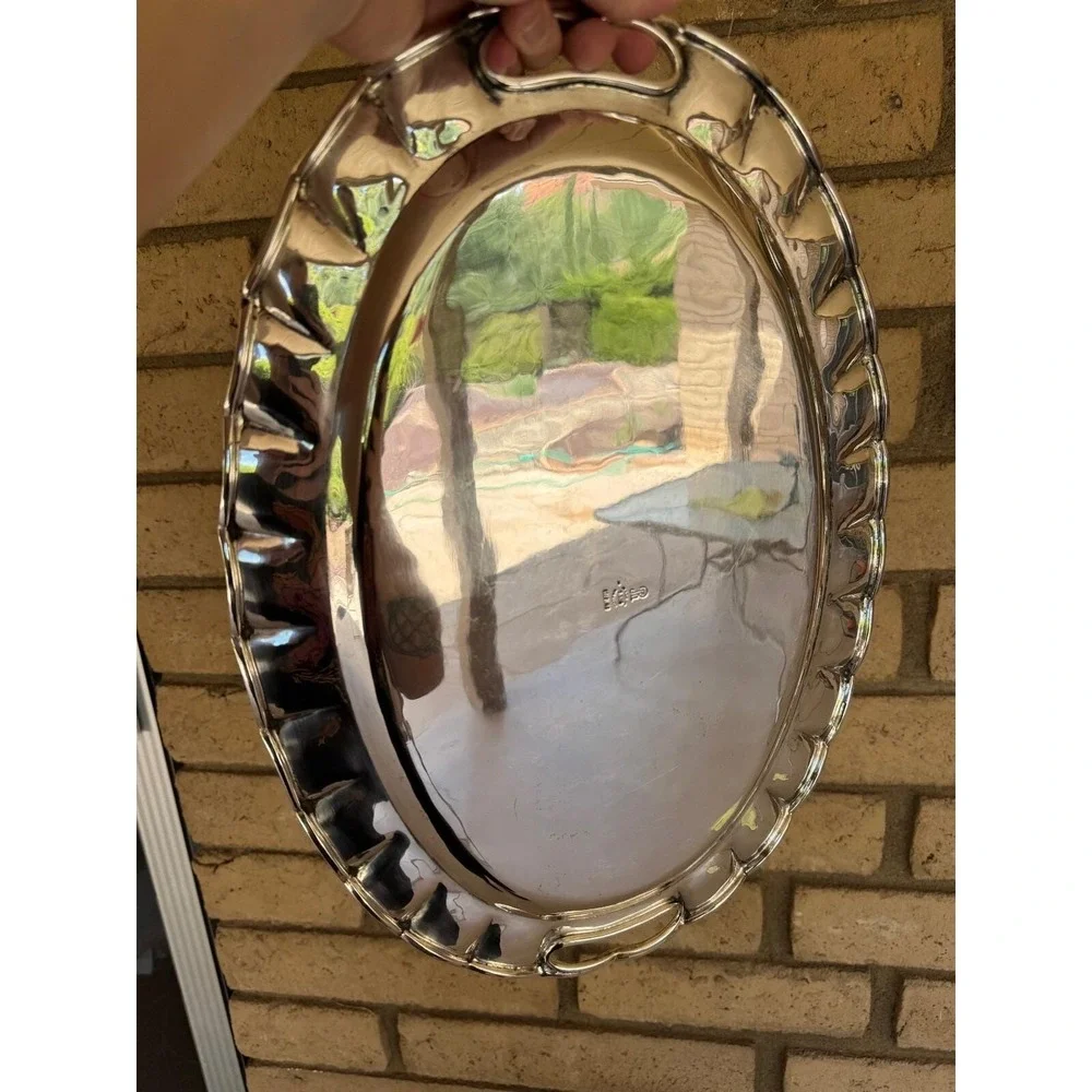 Vintage Juventino Lopez Reyes - Sterling Silver Scalloped Oval Tray - Mexico JLR